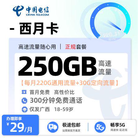 梧州电信西月卡29元享175G通用流量+30G定向流量+300分钟通话